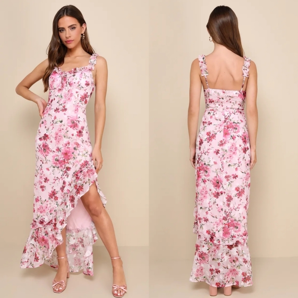 Lulus Lovable Spirit Pink Floral Burnout Ruffled High-Low Maxi Dress L Wedding - Picture 1 of 10